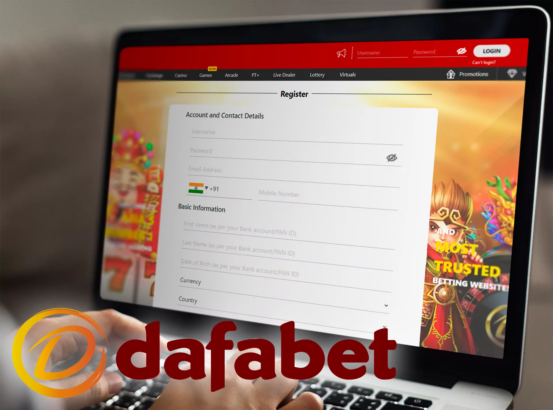 Fill in the registration form on the Dafabet Casino website.